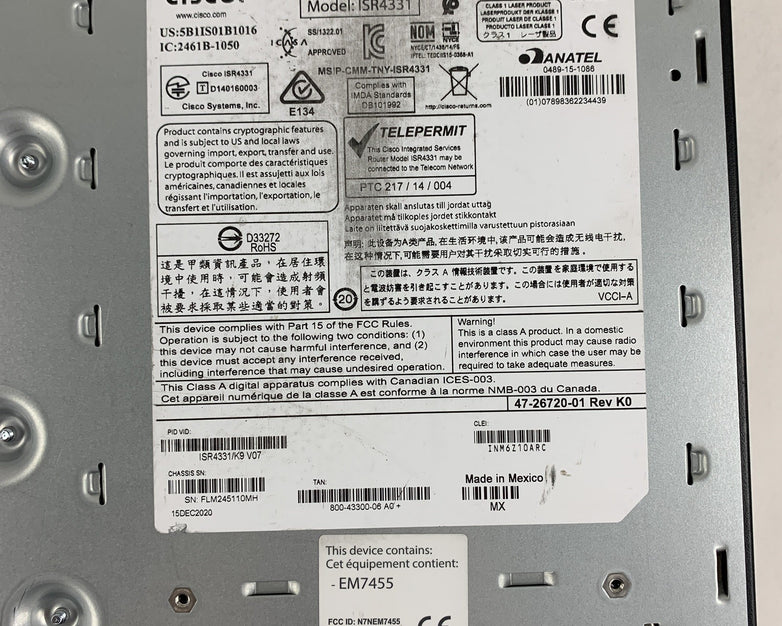 Cisco ISR4331/K9 Router Tested Reset W/ IPBase SecurityK9 License Rack Ears