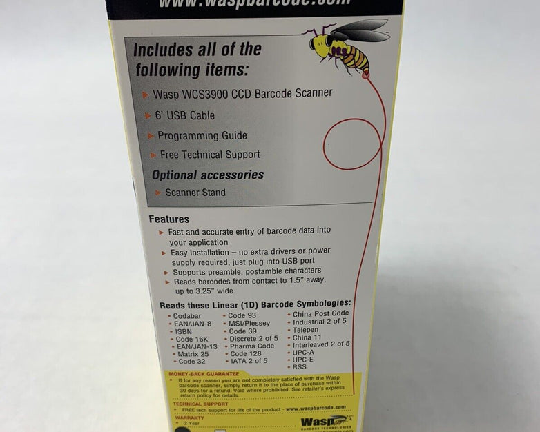 WASP WCS3905 Handheld Laser Barcode Scanner with USB Cable New