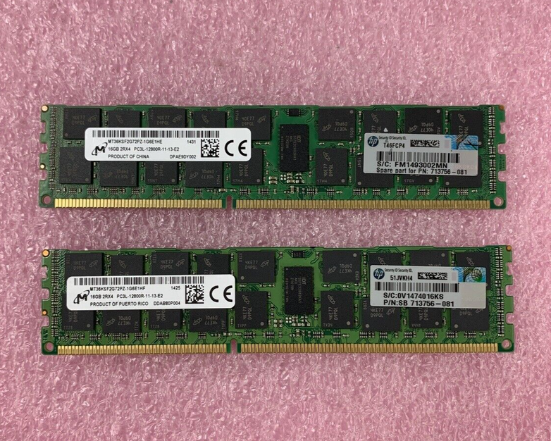 Lot of 2 Micron MT36KSF2G72PZ-1G6E1HE 16GB DDR3 SDRAM PC3L-12800 RAM Memory