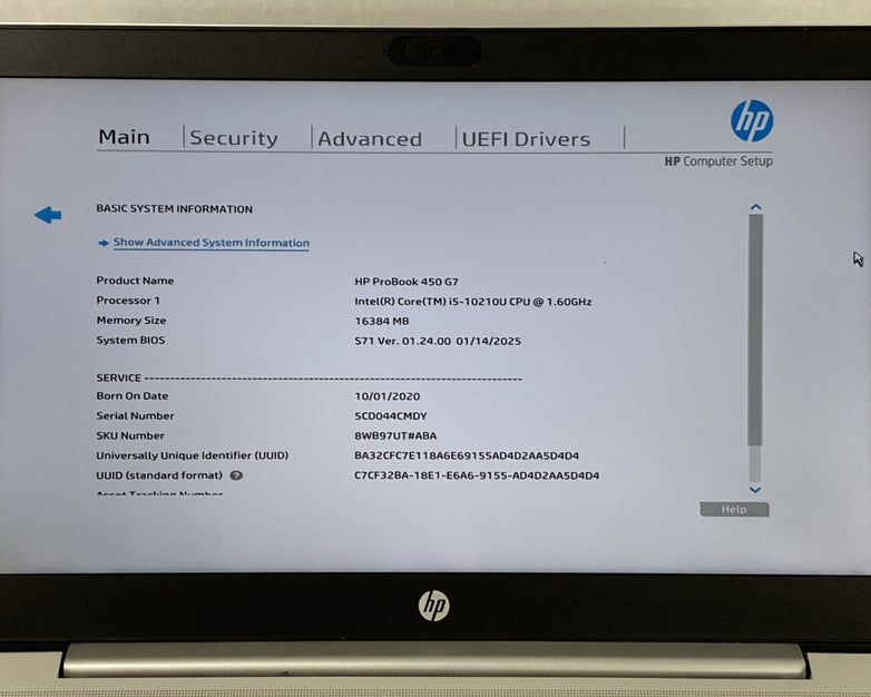 HP ProBook 450 G7 Intel Core i5-10210U 1.60 GHz 16GB RAM 15.6" No SSD No OS