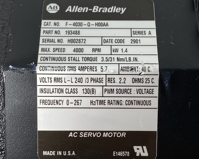Allen Bradley F-4030-Q-H00AA Series A AC Servo Motor 193488