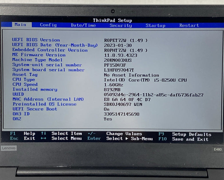 Lenovo ThinkPad E480 Intel Core i5-8250U 1.60 GHz 8GB RAM 14" No HDD No OS