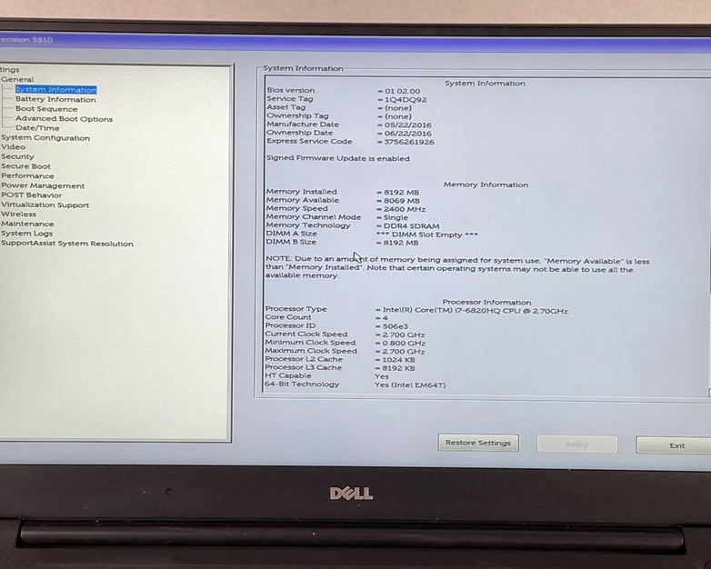 Dell Precision 5510 Core i7-6820HQ 2.7 GHz 8GB RAM 15.6" No Battery No HDD No OS