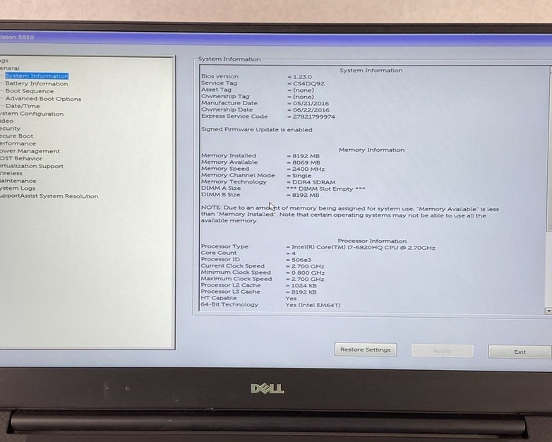 Dell Precision 5510 Core i7-6820HQ 2.70 GHz 8 GB RAM 15.6" No Battery No HDD/OS
