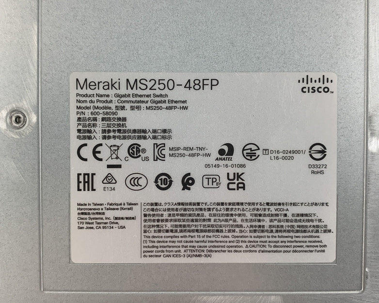 Cisco Meraki MS250-48FP-HW 48 Port Switch Unclaimed Tested Reset