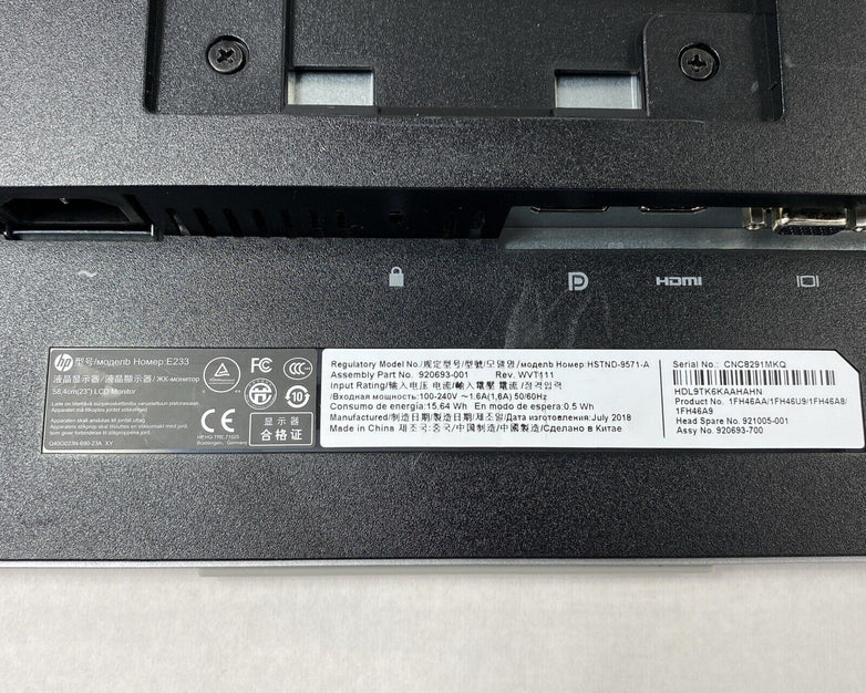 HP EliteDisplay E233 23" Monitor 1920 x 1080 LCD FHD USB3.0 HDMI DP VGA Grade B