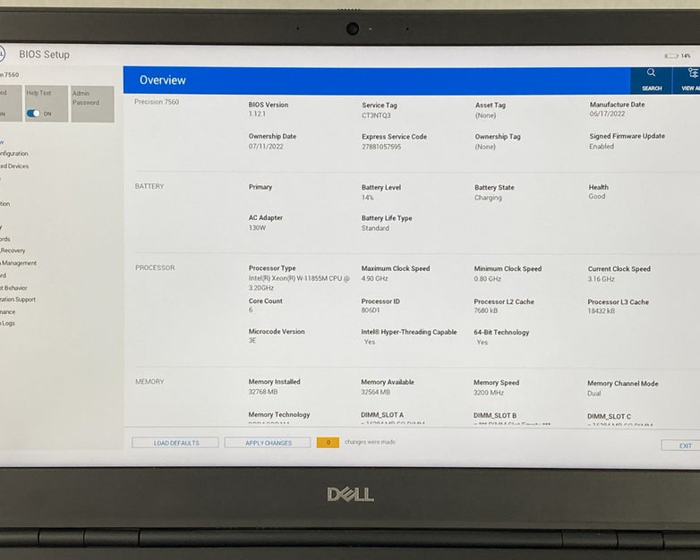 Dell Precision 7560 Intel Xeon W-11855M 3.16GHz 32GB RAM 15.6" No HDD No OS