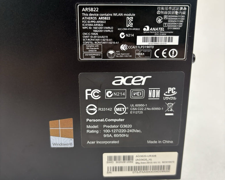 Acer Predator G3620 Desktop i7-3770 3.4 GHz 12 GB Ram No OS No HDD No TPM