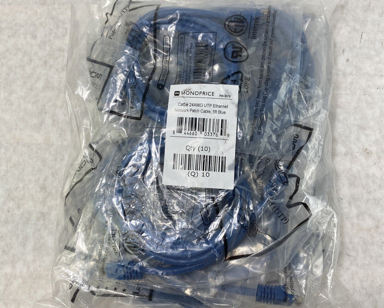 Lot of 10 Monoprice 5ft 24AWG Cat5e 350MHz UTP Ethernet network cables Blue