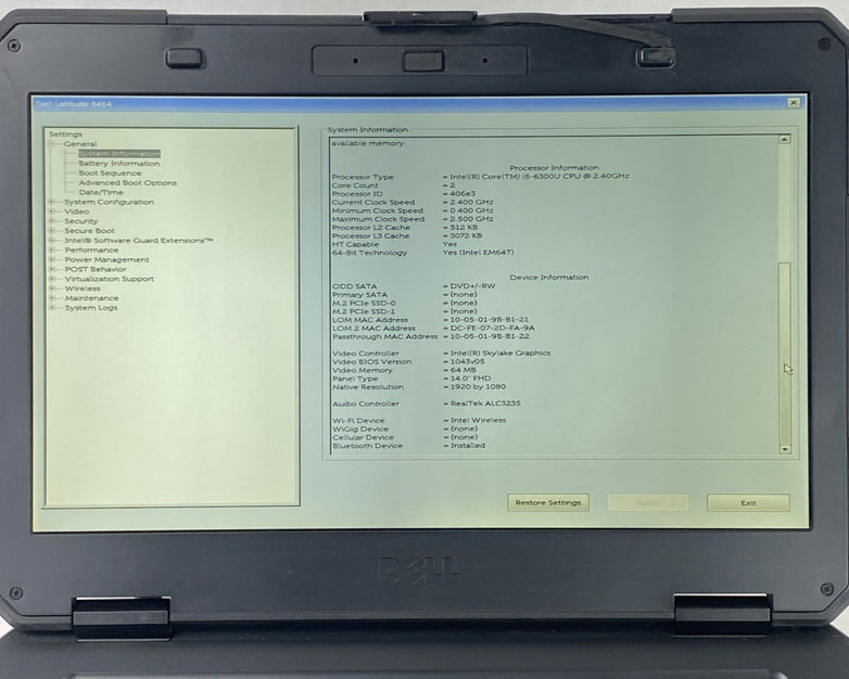 Dell Latitude 14 Rugged 5414 14" Core i5-6300U 2.40 GHz 8GB RAM No HDD No OS