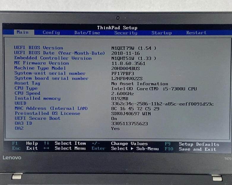 Lenovo ThinkPad T470 Core i5-7300U 2.60 GHz 8 GB RAM 14" No Battery No HDD No OS