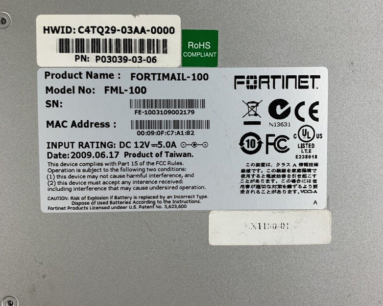 Fortinet FortiMail-100 FML-100 Security Appliance With AC Adapter Tested