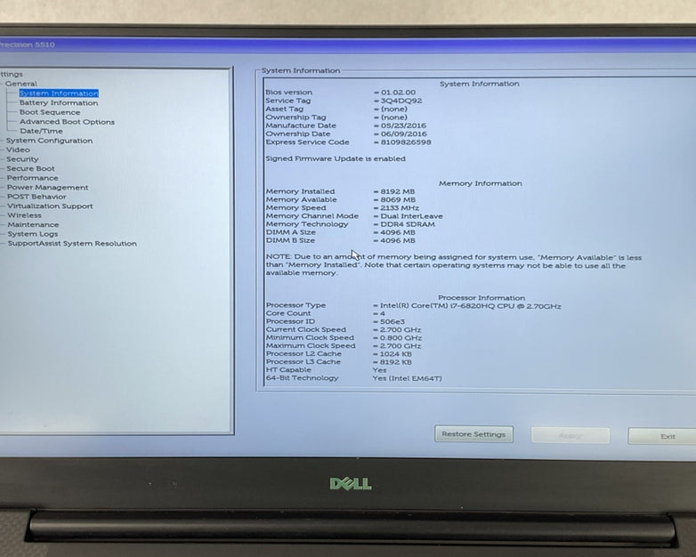 Dell Precision 5510 Intel Core i7-6820HQ 2.70 GHz 8 GB RAM 15.6" No HDD No OS