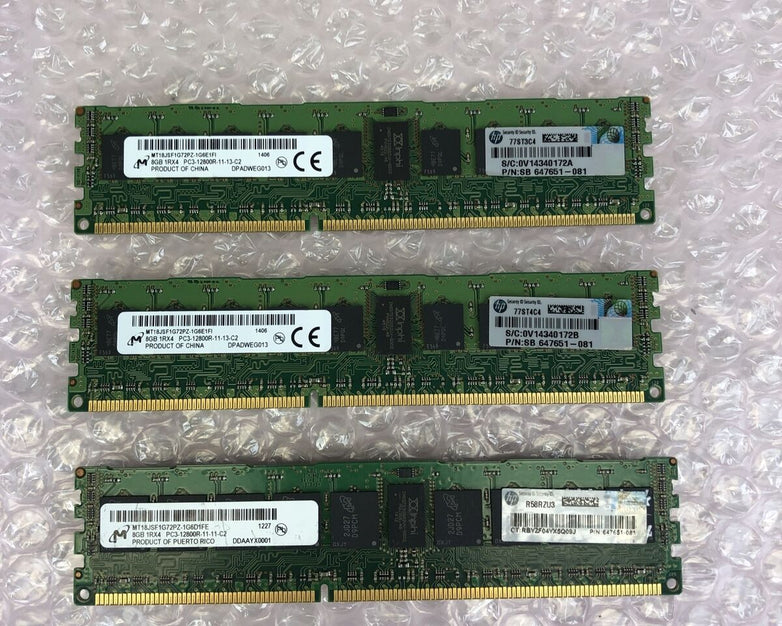 8GB Micron MT18JSF1G72PZ HP PC3-12800R-11-13-C2 1RX4 Ram Total 24 GB (Lot of 3)