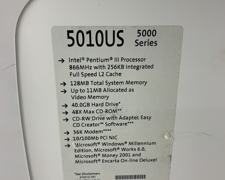 Compaq Presario 5010US Vintage Pentium III 866 MHz 256 MB RAM No OS No HDD