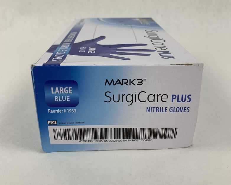 SurgiCare Plus Nitrile Exam Gloves Blue 200 Count Large MARK3 1933 New