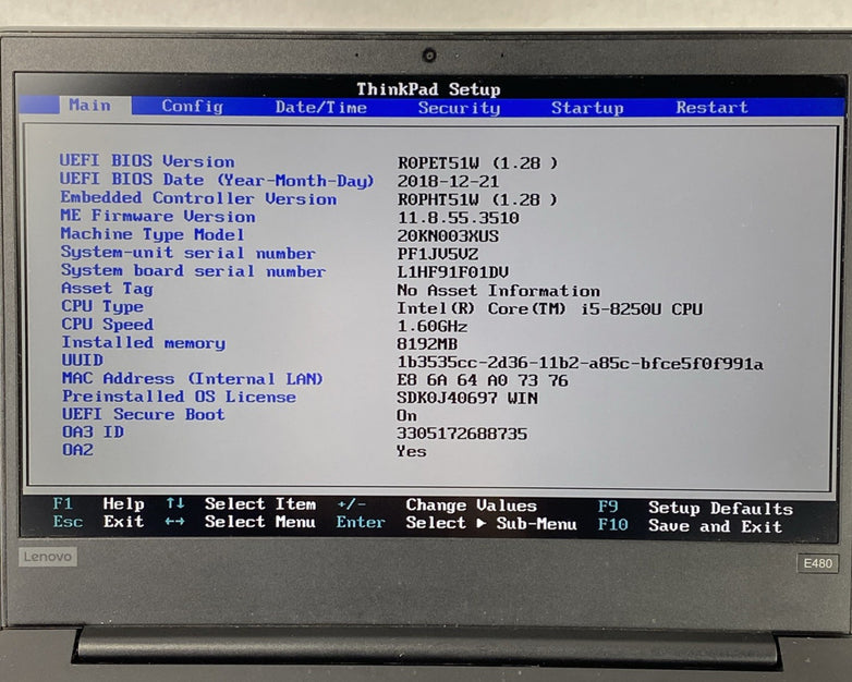 Lenovo ThinkPad E480 Intel Core i5-8250U 1.60 GHz 8 GB RAM 14" No HDD No OS