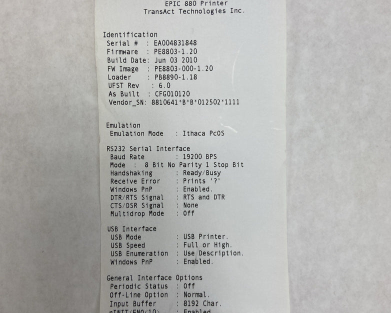 TRANSACT Technologies EPIC 880 Thermal Receipt Kiosk Printer Ithaca PcOS