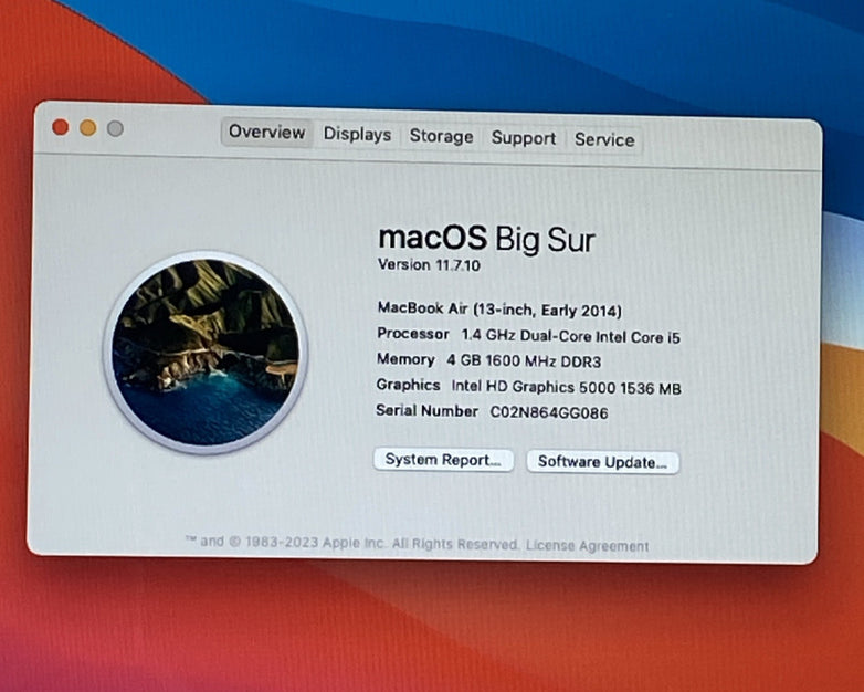 Apple MacBook Air A1466 2014 13" 1.4GHz i5 4GB RAM 250GB SSD os11.7.1 515 Cycles