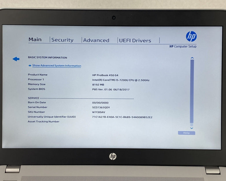 HP ProBook 450 G4 Core i5-7200U 2.50 GHz 8 GB RAM 15.6" No HDD No OS