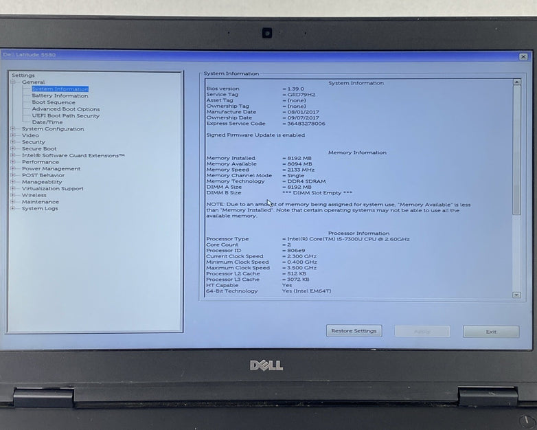 Dell Latitude 5580 Core i5-7300U 2.60 GHz 8 GB RAM 15.6" No Battery No HDD No OS
