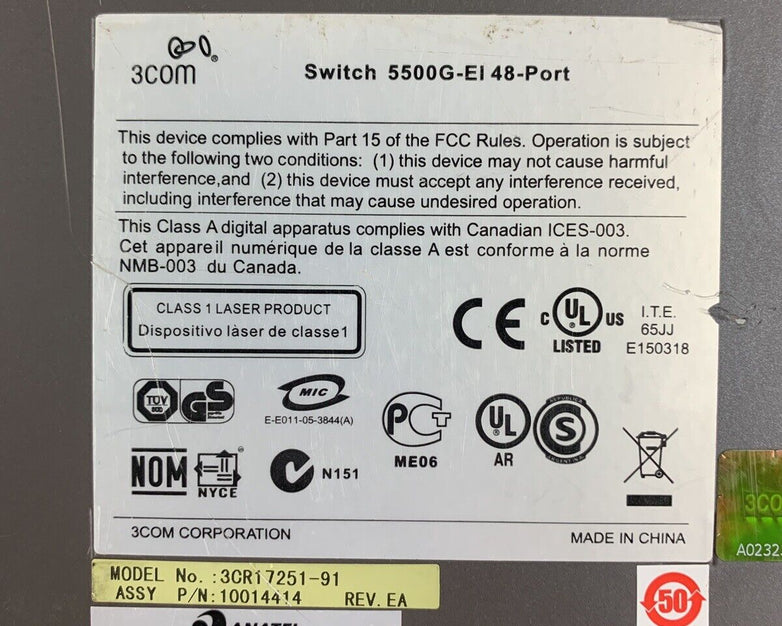 3Com 3CR17251-91 Switch 5500G-EI 48 Port Network Managed Switch Tested