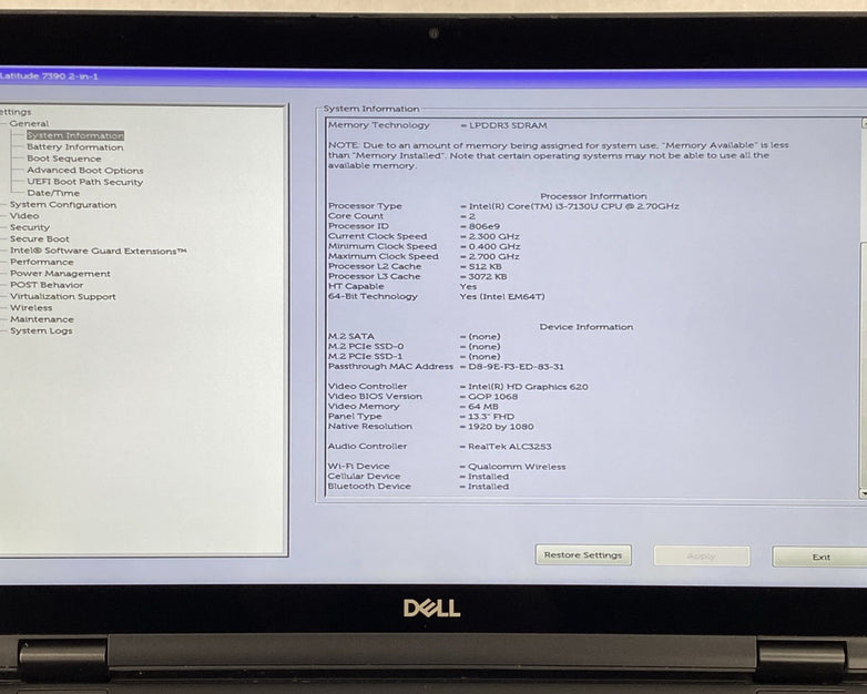 Dell Latitude 7390 2 in 1 13.3" Touch i3-7130U 2.7GHz 4GB RAM No Battery/HDD/OS