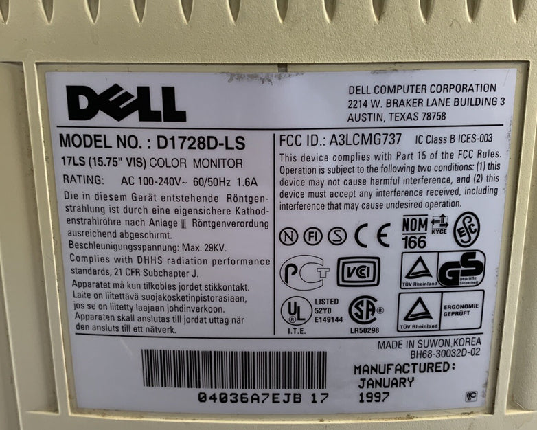 Dell 17" D1728D-LS 1280x1024 VGA CRT Monitor