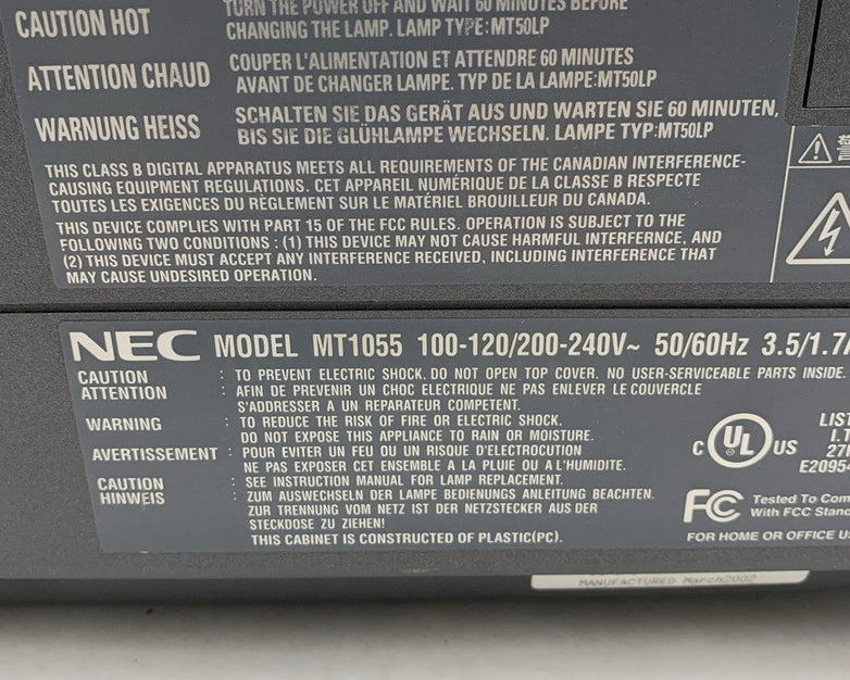 NEC Gray MT1055 Home Theater Projector - Parts or Repair