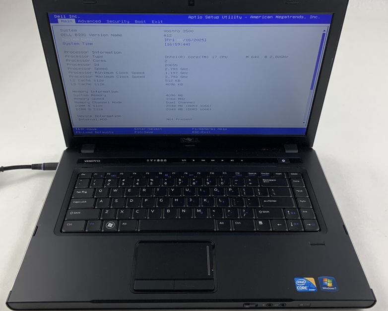 Dell Vostro 3500 Laptop i7 M 640 2.8 GHz 4 GB Ram No OS No HDD No Batt No AC