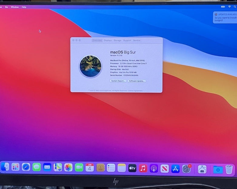 Apple MacBook Pro A1398 2015 15" 2.2GHz i7 16GB RAM 256GB SSD os11.7 -Bad Screen