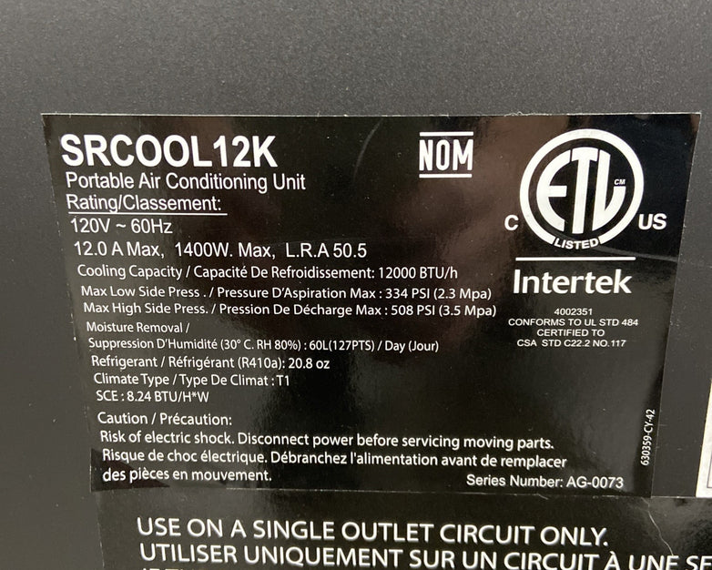 Tripp Lite SRCOOL12K Portable Air Conditioner 1400w - Parts or Repair