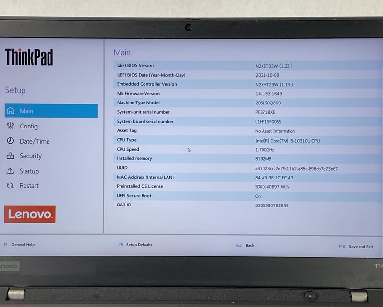 Lenovo ThinkPad T14 Gen 1 Core i5-10310U 1.70 GHz 8 GB RAM 14.0" No SSD No OS