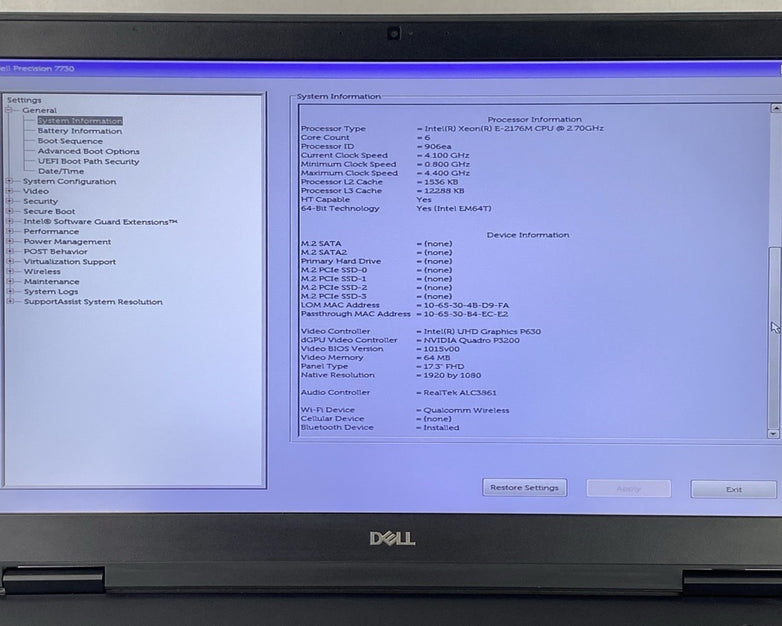 Dell Precision 7730 Intel Xeon E-2176M 2.70 GHz 8 GB RAM 17.3" No HDD No OS