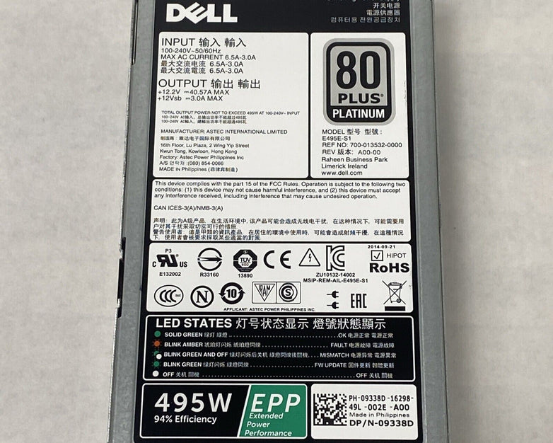 Dell N-09338D Switching Power Supply 495W 6.5A 80 Plus Platinum E495E-S1