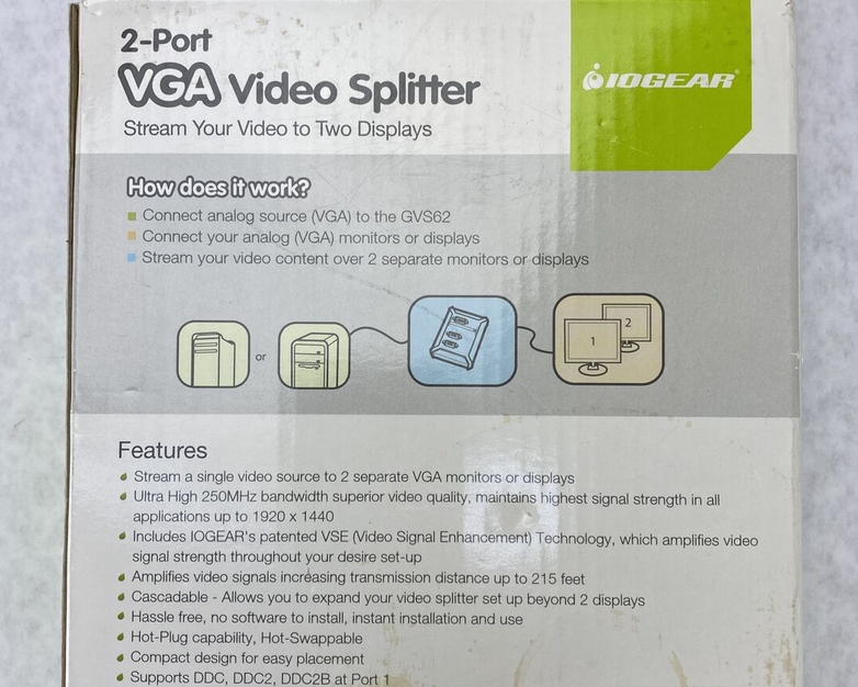 IOGEAR GVS62 2-Port VGA Video Splitter for Analog Displays NEW