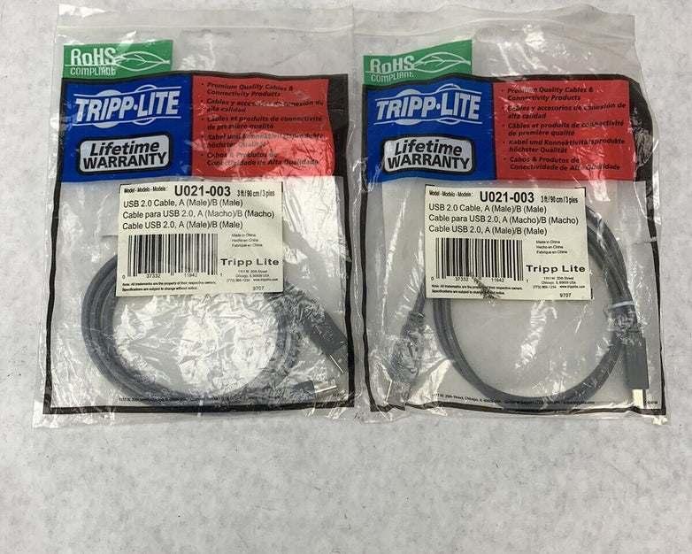 Lot 2 Tripp Lite USB 2.0 Hi-Speed A/B Cables M/M 3-ft. U021-003 New