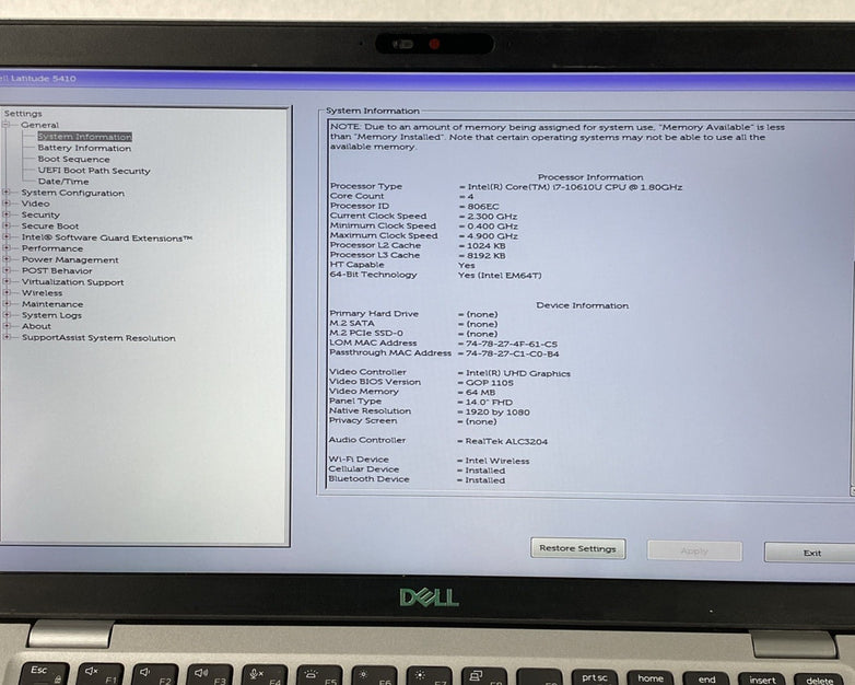 Dell Latitude 5410 Intel Core i7-10610U 1.80 GHz 16 GB RAM 14" No SSD No OS