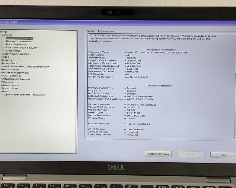 Dell Latitude 5410 Core i7-10610U 1.8 GHz 16GB RAM 14.0" No Battery No SSD No OS