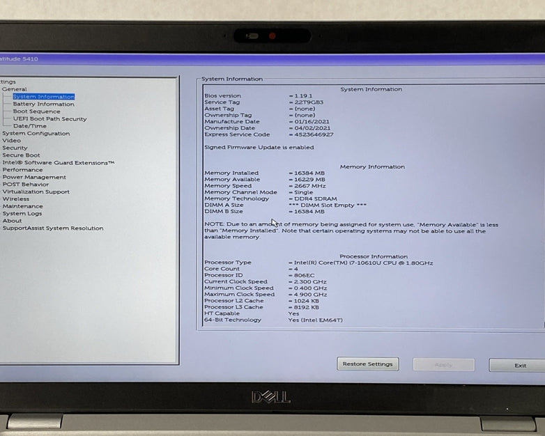 Dell Latitude 5410 Intel Core i7-10610U 1.80 GHz 16 GB RAM 14" No HDD No OS