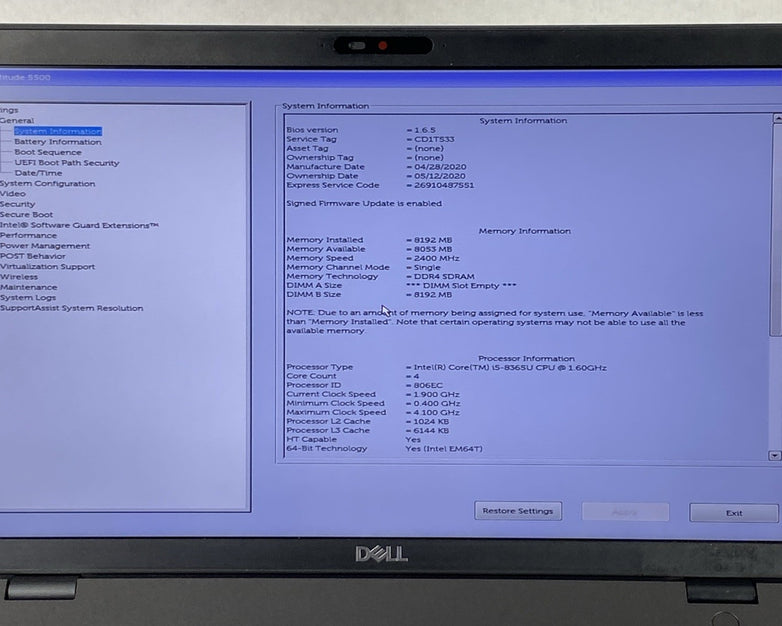 Dell Latitude 5500 Intel Core i5-8365U 1.60GHz 8GB RAM 15.6" No HDD No OS