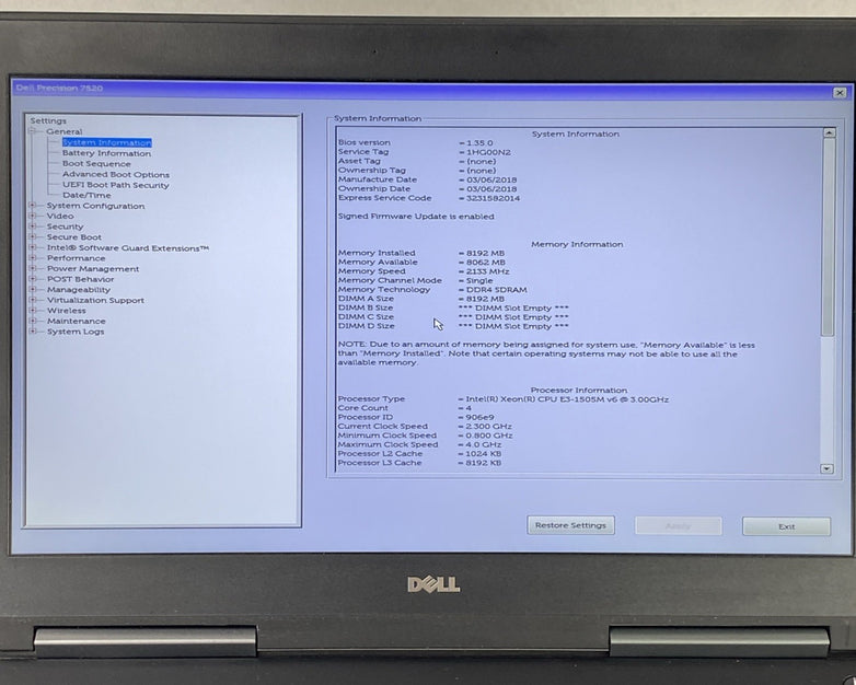 Dell Precision 7520 Intel Xeon E3-1505M v6 3.00 GHz 8 GB RAM 15.6" No HDD No OS