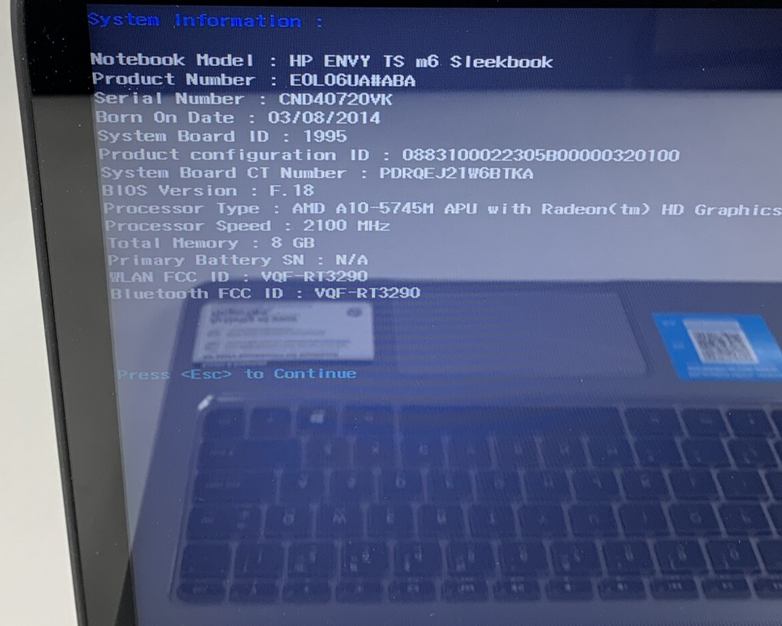 HP Envy TS M6 Sleekbook A10-5745M 8 GB Ram No OS No HDD No Batt No AC
