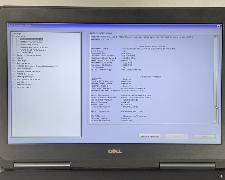 Dell Precision 7520 Intel Xeon E3-1505M v6 3.00 GHz 8 GB RAM 15.6" No HDD No OS