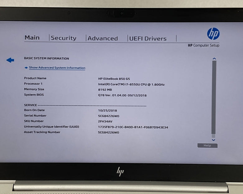 HP EliteBook 850 G5 Core i7-8550U 1.80GHz 8GB RAM 15.6" No HDD No OS