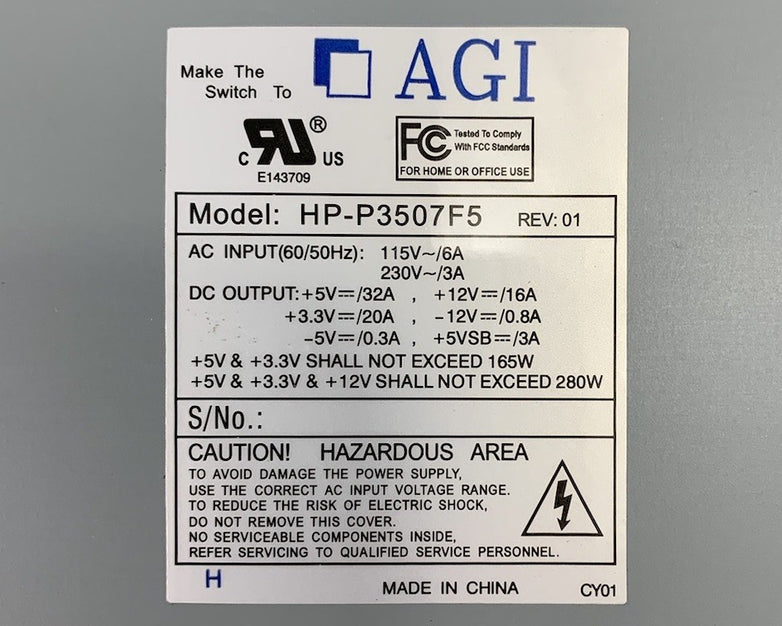 AGI HP-P3507F5W 280W Power Supply
