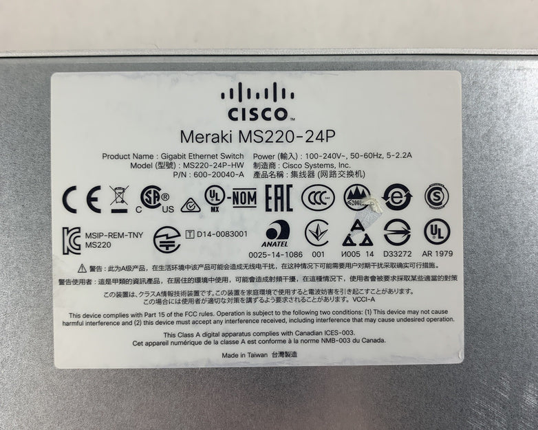 Meraki Cisco MS220-24P 24-Port Gigabit PoE+ Network Managed Switch Tested Reset