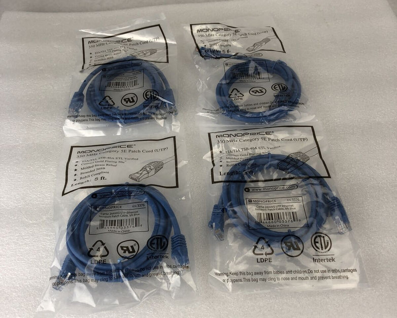 Monoprice Blue 5ft 5E Ethernet Patch Cord (UTP) - RJ45 350Mhz (Lot of 4)