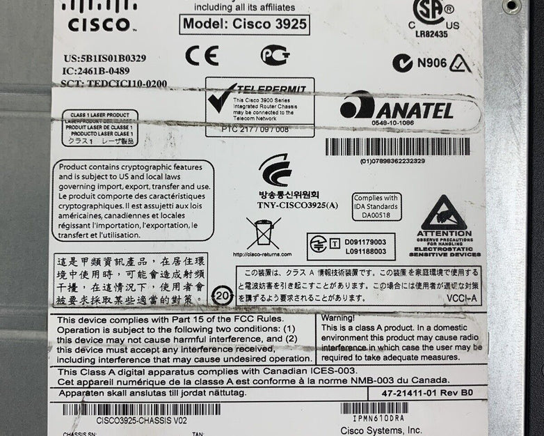 Cisco 3900 CISCO3925-CHASSIS V02 Dual Gigabit Integrated Services Router No OS