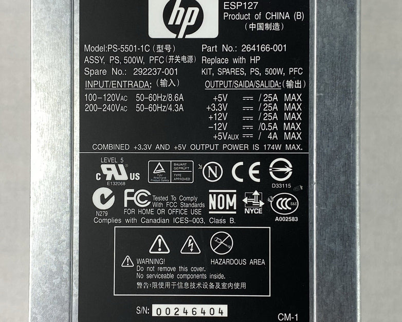 HP PS-5501-1C 264166-001 500W Power Supply